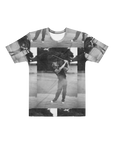 T-shirt with a black and white photo collage of a person playing golf on a lake.