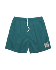 Teal shorts with a white drawstring on a white background