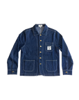Blue striped denim jacket with button details on a white background