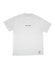 White t-shirt with text and logo on a white background