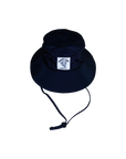 Black bucket hat with a logo on a white background