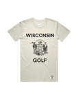Beige t-shirt with 'Wisconsin Golf' text and graphic on a white background