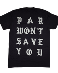 Black t-shirt with white text on a white background