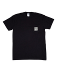 Black t-shirt with a small logo on the chest against a white background