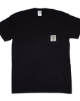 Black t-shirt with a small logo on the chest against a white background