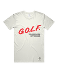 An off-white crewneck t-shirt featuring the text 'G.O.L.F.