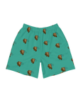 Teal shorts with bear pattern on a white background
