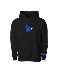 Black hoodie with a blue dove logo on a white background