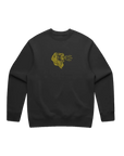 Black sweatshirt with a yellow graphic on a white background