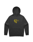 Black hoodie with yellow graphic on the back against a white background