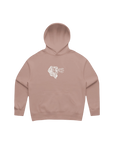 Mauve hoodie with a white graphic on a white background