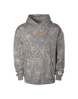 Camouflage hoodie with a brand logo on a white background