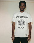 Person wearing a white t-shirt with 'Wisconsin Golf' text and graphic on a plain background