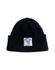 Black beanie with a logo patch on a white background
