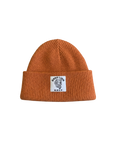 Orange beanie with a logo on a white background