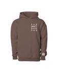 Brown hoodie with text on a white background