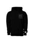 Black hoodie with text on a white background
