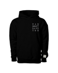 Black hoodie with text on a white background
