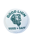 A circular white embroidered patch featuring a dark green lion head illustration with the text 'GOOD LION' above and 'GOOD > SAFE' below, shown on a plain white background.