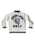 White sweater with 'Good Lion Golf' text and logo on a white background
