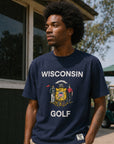 Person wearing a navy blue t-shirt with 'Wisconsin Golf' text and graphic