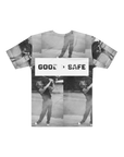 T-shirt with black and white photos and 'GOOD SAFE' text on a white background