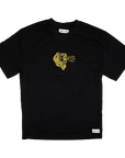 Black t-shirt with a gold graphic on a white background