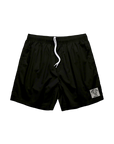 Black shorts with a white drawstring on a white background