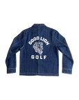 Blue denim jacket with 'Good Lion Golf' branding on a white background