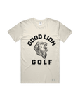 Beige t-shirt with 'Good Lion Golf' logo on a white background