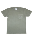 Green t-shirt with a small logo on the chest pocket against a white background