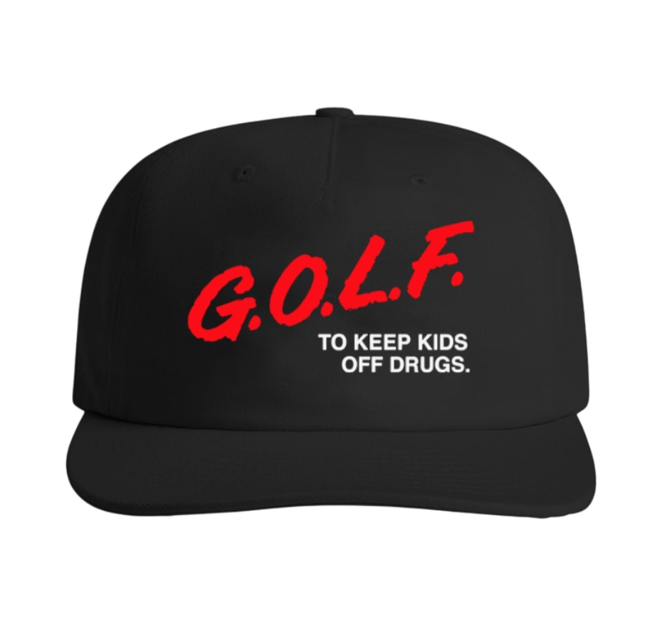 Black Good Lion GATEWAY golf hat with red and white G.O.L.F. print