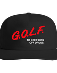 Black Good Lion GATEWAY golf hat with red and white G.O.L.F. print