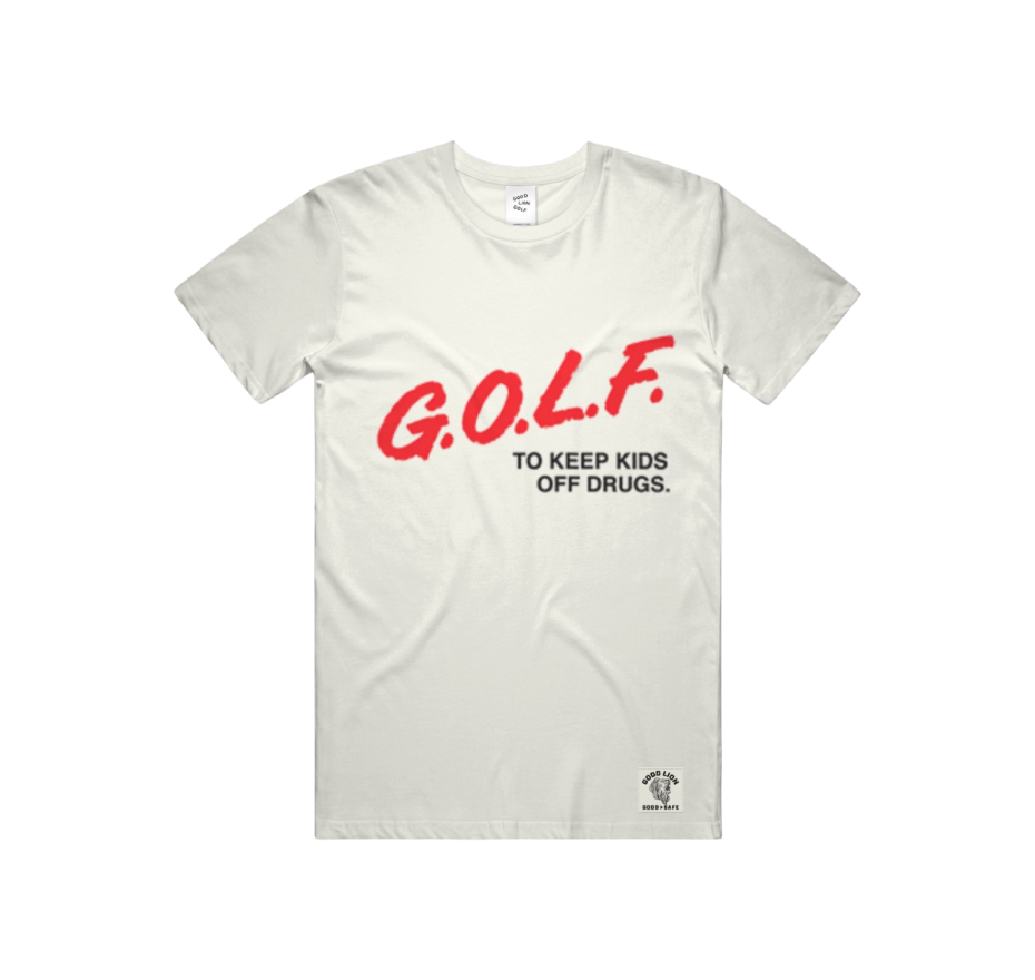 An off-white crewneck t-shirt featuring the text 'G.O.L.F.