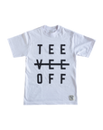 White t-shirt with 'TEE VEE OFF' text on a white background