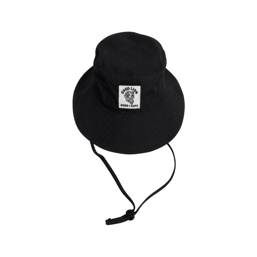 Black bucket hat with a logo on a white background