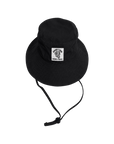 Black bucket hat with a logo on a white background