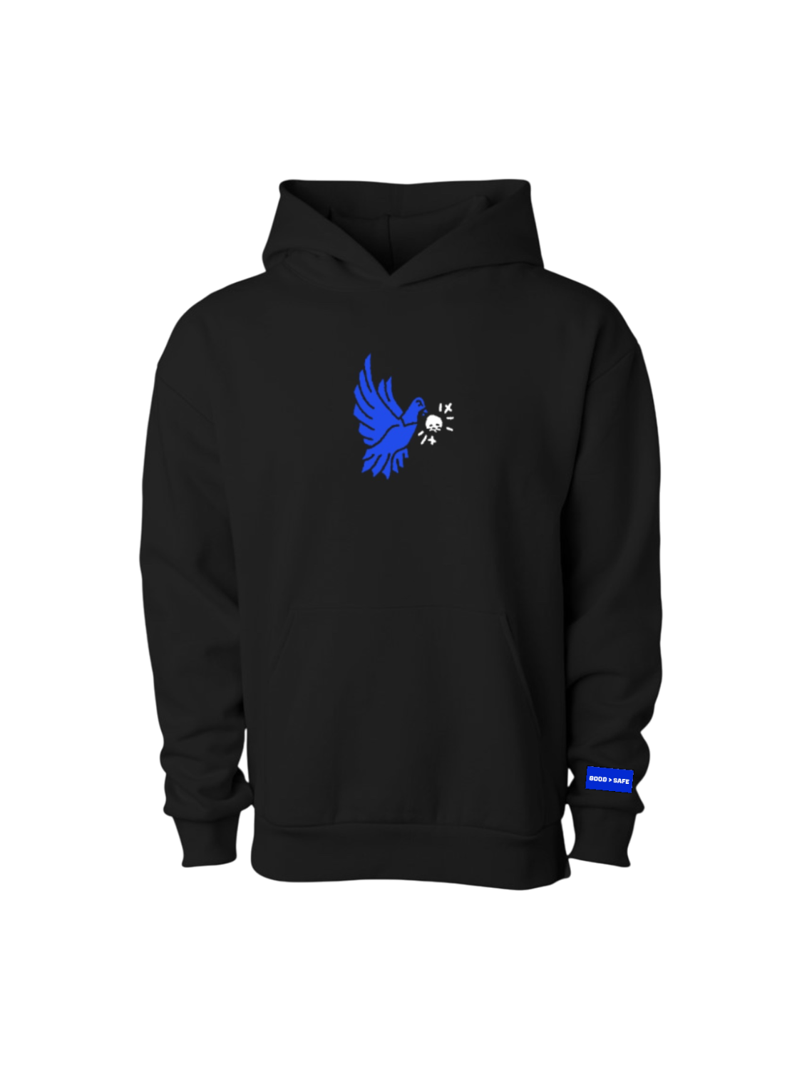 Black hoodie with a blue dove logo on a white background