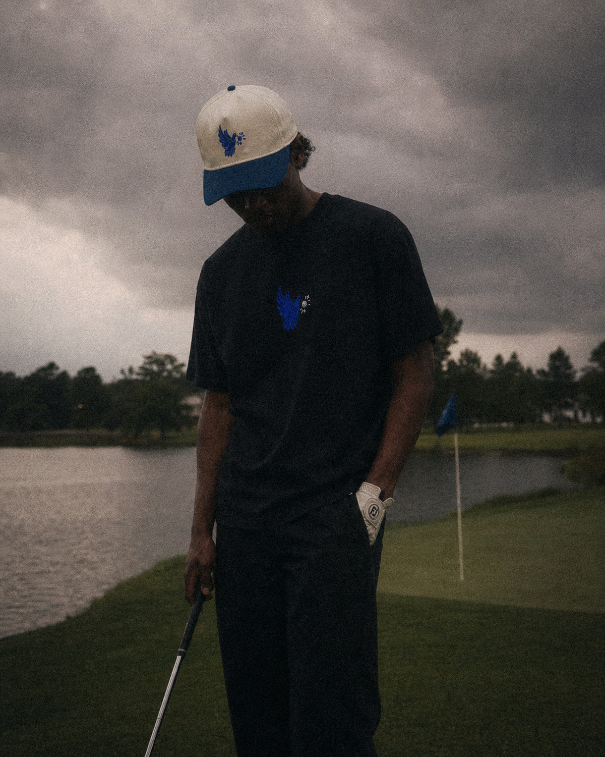 Person on a golf course with a cloudy sky