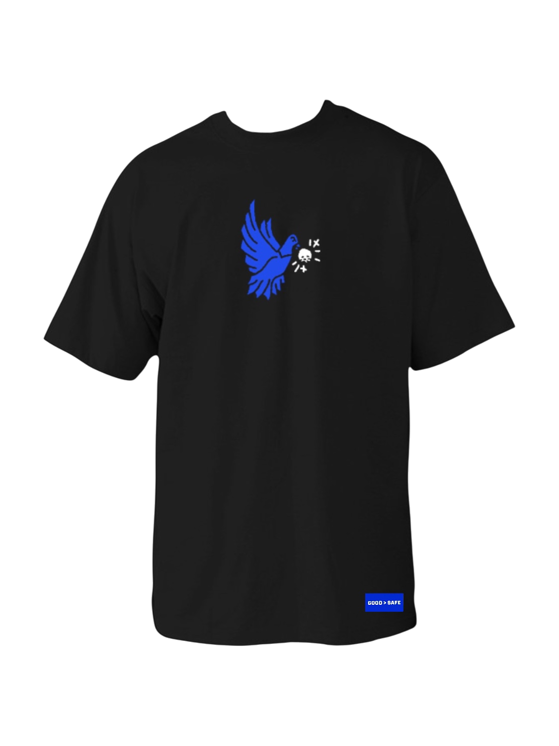Black t-shirt with a blue graphic on the back against a black background
