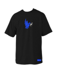 Black t-shirt with a blue graphic on the back against a black background