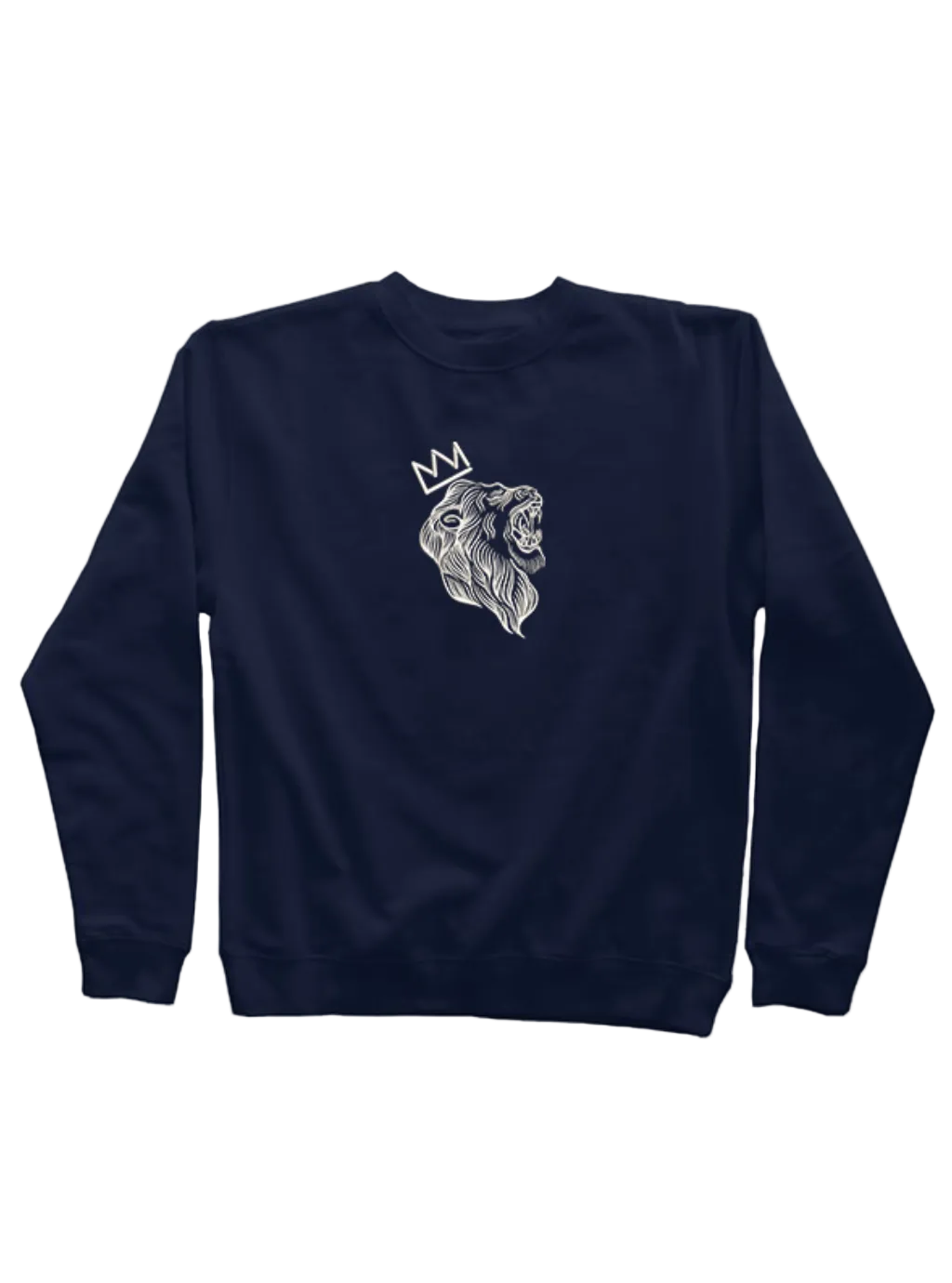 Navy blue sweatshirt with a white lion head design on a white background