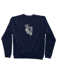 Navy blue sweatshirt with a white lion head design on a white background