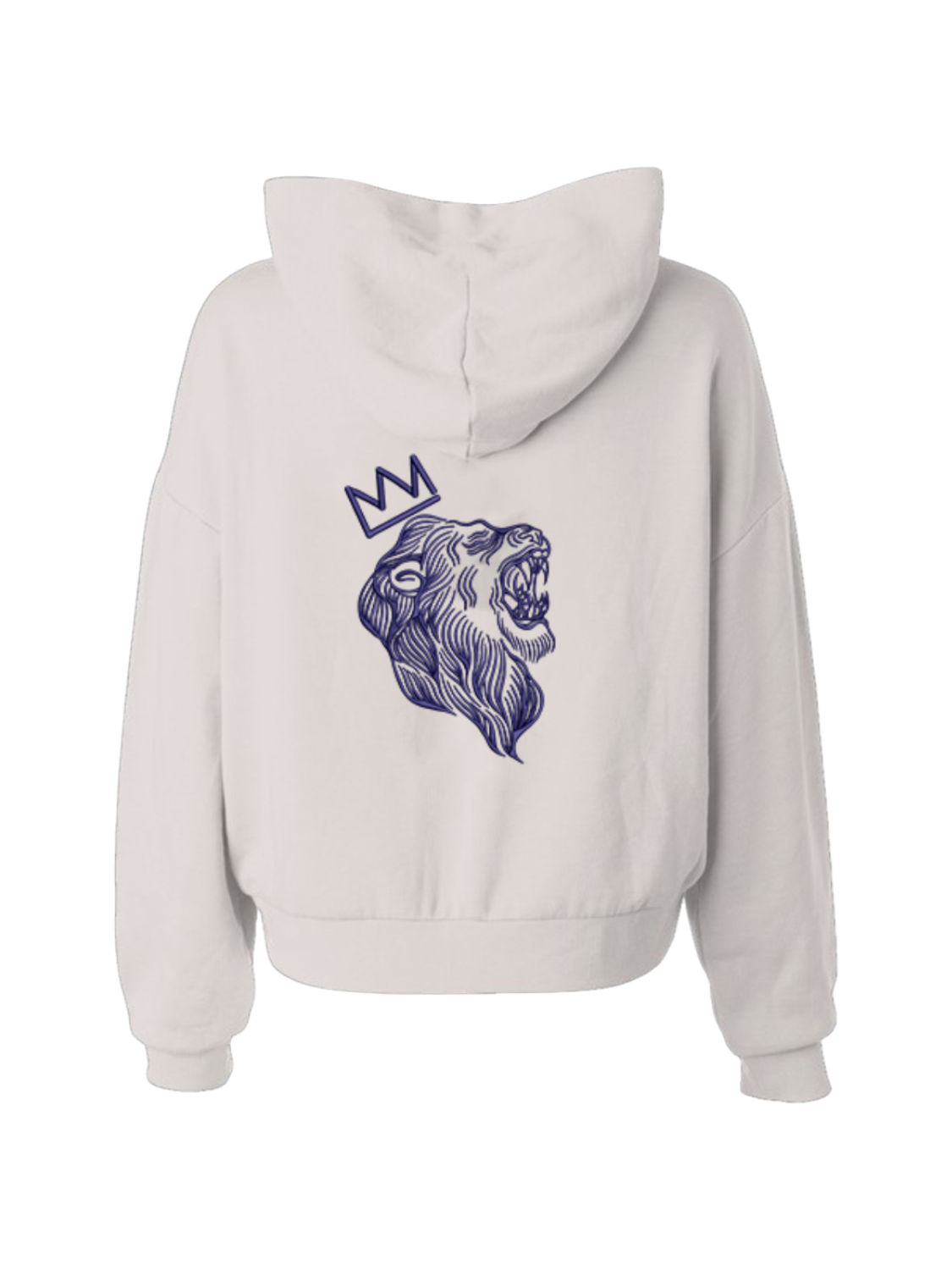 Light gray hoodie with a purple lion and crown design on the back against a white background