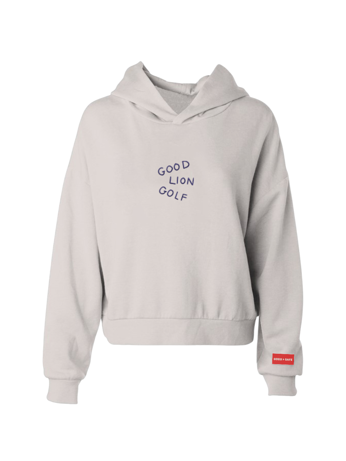 Light gray hoodie with 'Good Lion Golf' text on a white background