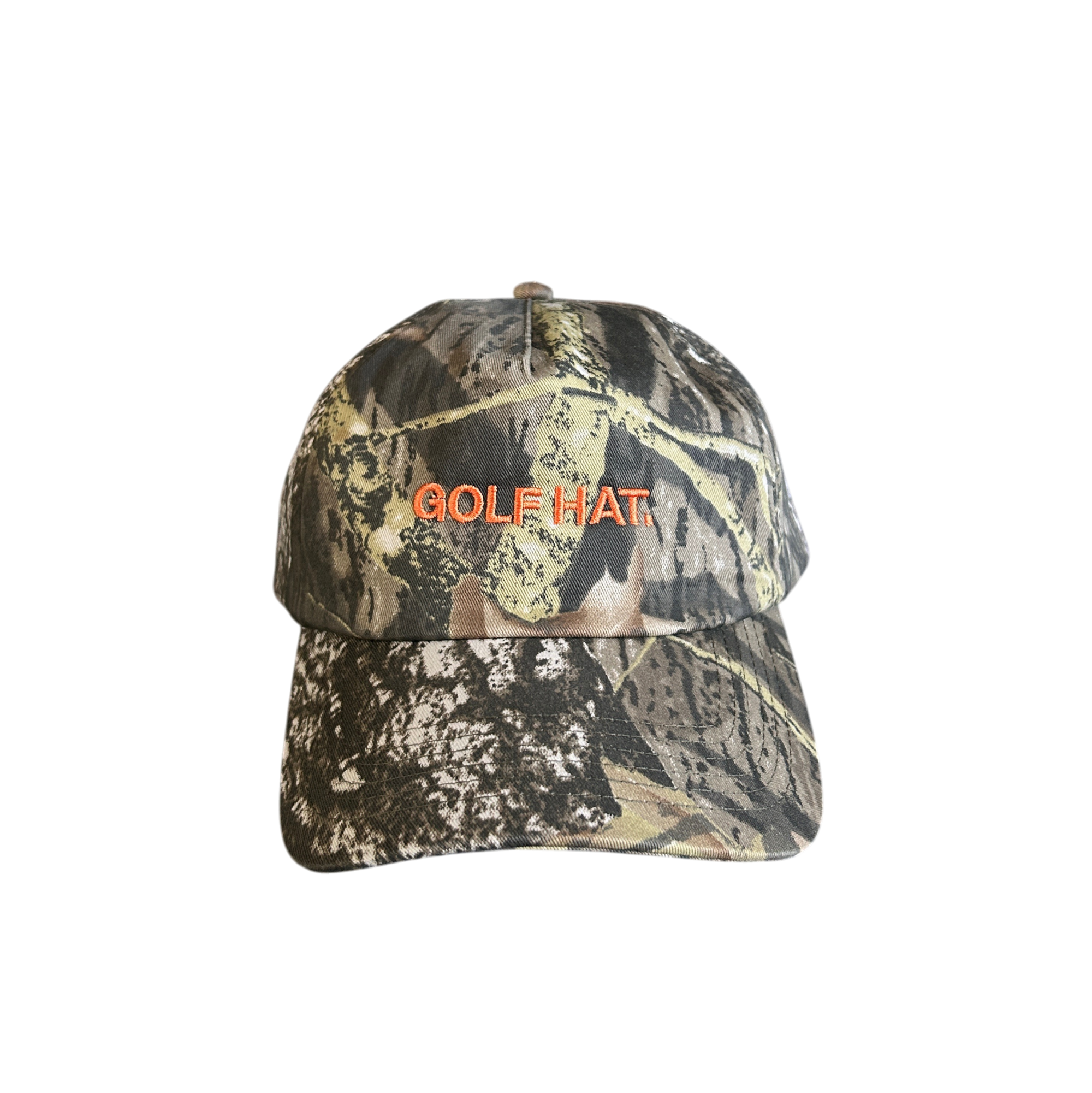 Camouflage baseball cap with 'GOLF HAT' text on a white background