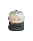 White and camouflage baseball cap with 'GOLF HAT.' text on a white background