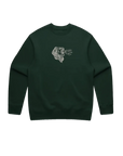 Dark green sweatshirt with a small graphic on a white background