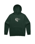 Dark green hoodie with a small graphic on the chest against a white background