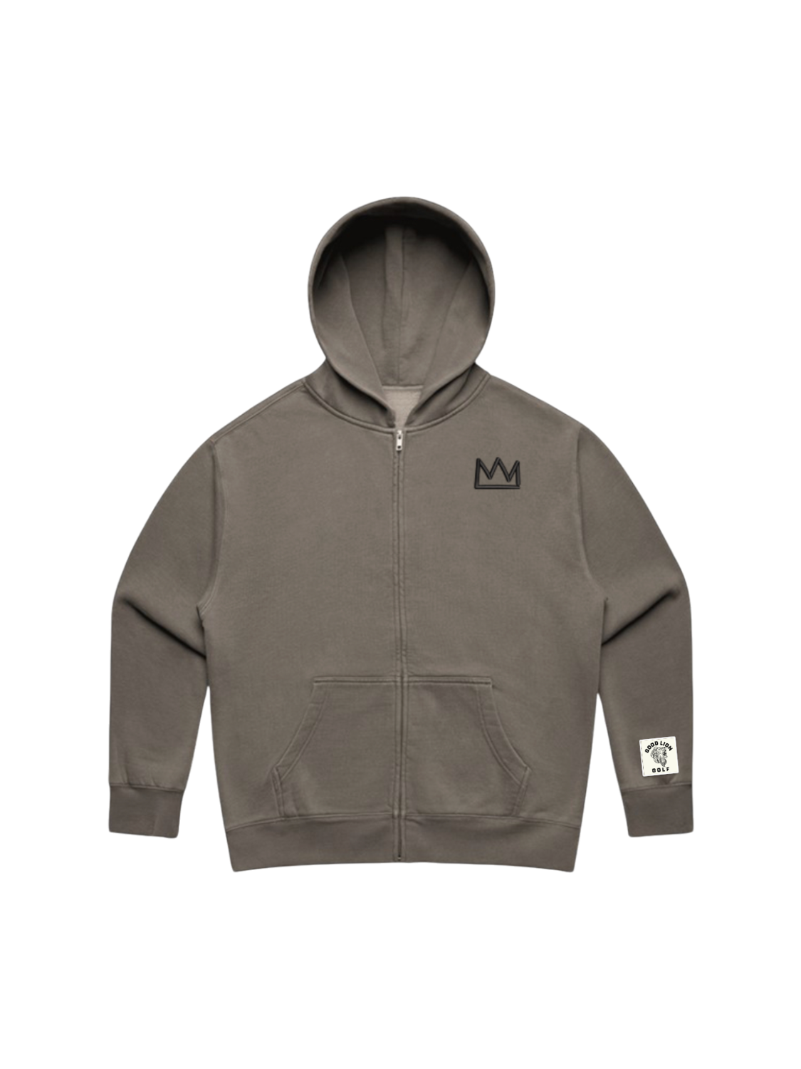 Gray hoodie with a logo on a white background